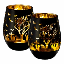 Crystal Halloween Stemless Wine Glass - Set Of 2 - Themed Vibrant Black & Gold Etched Spooky Graveyard Pattern Frosted Glass, Perfect For Themed Gothic Parties Trick Or Treat Gift For Him Her (16 OZ)