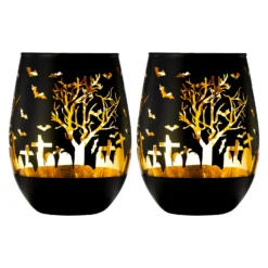 Crystal Halloween Stemless Wine Glass - Set Of 2 - Themed Vibrant Black & Gold Etched Spooky Graveyard Pattern Frosted Glass, Perfect For Themed Gothic Parties Trick Or Treat Gift For Him Her (16 OZ) -Refined Spirits Store T9238 9576 blackandorangeetchedwineNSsetof2New2 1