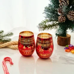 Crystal Christmas Tree Wine & Water Glasses - Set Of 2 - Holiday Themed Red & Gold Etched Winter Snow Wonderland Frosted Glass, Perfect Seasonal Parties, Gifts Him & Her Trees Décor - Stemless Trees -Refined Spirits Store T9238 M01 stemless wine glass red outside gold inside Set of 2 2