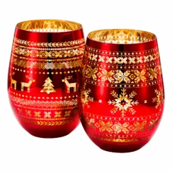 Crystal Christmas Tree Wine & Water Glasses - Set Of 2 - Holiday Themed Red & Gold Etched Winter Snow Wonderland Frosted Glass, Perfect Seasonal Parties, Gifts Him & Her Trees Décor - Stemless Trees