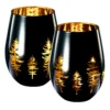 Crystal Holiday Winter Christmas Trees Black & Gold Stemless Wine Glasses - Set Of 2 - Glass Colored Vibrant Etched Forest Tree Frosted Glass, Perfect For Parties Gifts For Him Her Gift (14 OZ)
