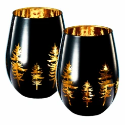 Crystal Holiday Winter Christmas Trees Black & Gold Stemless Wine Glasses - Set Of 2 - Glass Colored Vibrant Etched Forest Tree Frosted Glass, Perfect For Parties Gifts For Him Her Gift (14 OZ)