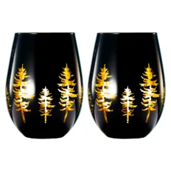 Crystal Holiday Winter Christmas Trees Black & Gold Stemless Wine Glasses - Set Of 2 - Glass Colored Vibrant Etched Forest Tree Frosted Glass, Perfect For Parties Gifts For Him Her Gift (14 OZ) -Refined Spirits Store T9238 M02StemlessGoldInsideBlackOutsideSetof22 1 1