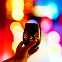 Crystal Holiday Winter Christmas Trees Black & Gold Stemless Wine Glasses - Set Of 2 - Glass Colored Vibrant Etched Forest Tree Frosted Glass, Perfect For Parties Gifts For Him Her Gift (14 OZ) -Refined Spirits Store T9238 M02StemlessGoldInsideBlackOutsideSetof2l