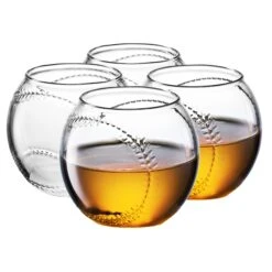 Baseball Round Whiskey Glasses | 10oz Whiskey Glass Set Of 4 | Tumbler For Any Occasion, Sport Lover Gifts, Baseball Themed Party, Baseball Birthday Gift Set - Dad, Men Father Gift Novelty - Parties