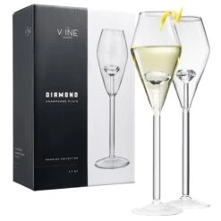 Champagne Flute Glassware | Set Of 2, 7.8 OZ | Diamond Stemmed Glass, Gift For Her