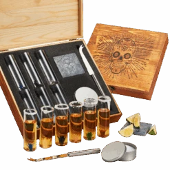 Tequila Shot Glass & Salt Gift Set For Men & Women | Six Agave Shot Glasses, Knife For Limes, One Skull Coaster, One Salt Tin | Skeleton Mahogany Wood Box Package For Tequila, Liquor Lovers