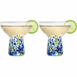 Stemless Margarita Glass – Set Of 2-14OZ Luxury Hand Blown Confetti Margaritas, For Cocktails, Water, Wine, Dessert, Martini & Champagne Glasses Cinco De Mayo, Hand Blown Glass - Mexican Confetti