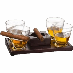 The Wine Savant Cigar Glasses Tray & Ash Tray, 4 Whiskey Cigar Glasses Slot To Hold Cigar, Whiskey Glass Gift Set, Cigar Rest, Accessory Set Gift For Dad, Men Home Office Decor Gifts, Man Cave