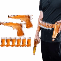 Pistol & Shotglasses Decanter Party Serving Holster Set - Whiskey Gun Decanter & Shot Glass - Pourers & Stopper - 2x 7.7oz Decanters - 6x 2oz Cowboy Boot Shots - Unique Gifts