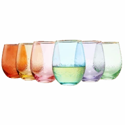 Vintage Crystal Colored Wine Gold Rim Glasses | Set Of 6 | Gilded Art Deco 15 Oz Vibrant Classic Cocktail Glassware - Crystal Carved Glass For Red & White Wines, Cocktails, Martini, Sidecar, Champagne