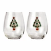 Stemless Christmas Tree Wine Glasses - Set Of 2 - Christmas Cheer For Holiday Gift And Winter Season - 18 Oz Stemless Decorated Tree Ornament Wine Tumblers For Holiday Season And Winter 4.7" H