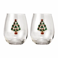 Stemless Christmas Tree Wine Glasses - Set Of 2 - Christmas Cheer For Holiday Gift And Winter Season - 18 Oz Stemless Decorated Tree Ornament Wine Tumblers For Holiday Season And Winter 4.7" H