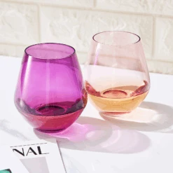 Amethyst & Rose Colored Wine Glasses For Everyday, Girlfriend, Wife, Valentines Day | Set Of 2 | Large 16 Oz Stemless Glasses, Purple, Red Pink Italian Style, Water, Tumbler Beautiful Hand-Blown Glass
