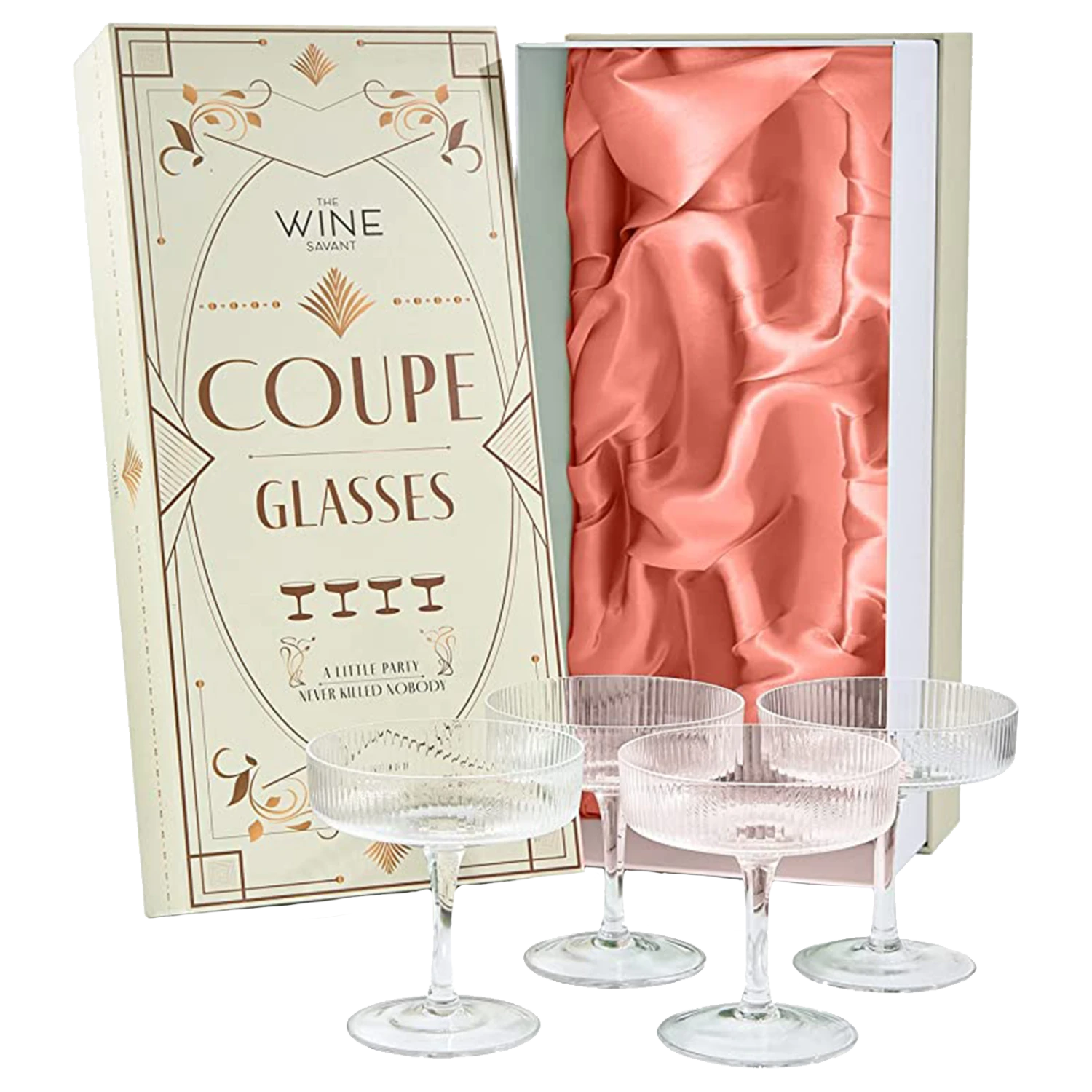 Ribbed Coupe Cocktail Glasses 8 Oz | Set Of 4 | Classic Manhattan Glasses For Cocktails, Champagne Coupe, Ripple Coupe Glasses, Art Deco Gatsby Vintage, Crystal With Stems (Clear) 1 Ribbed Coupe Cocktail Glasses 8 Oz | Set Of 4 | Classic Manhattan Glasses For Cocktails, Champagne Coupe, Ripple Coupe Glasses, Art Deco Gatsby Vintage, Crystal With Stems (Clear)