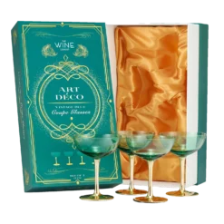 Colored Coupe Art Deco Glasses, Gold | Set Of 4 | 8 Oz Classic Cocktail Glassware For Champagne, Martini, Manhattan, Sidecar, Crystal Speakeasy Style Goblets Stems (Green)