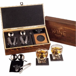Luxurious Whiskey Stones & Glasses Gift Set - 2 XL Chilling Stainless Steel Whiskey Balls - 2x Crystal Whiskey Glasses, 2x Slate Stone Coasters, Freezer Pouch & Tongs - Set In Premium Pine Wood Box