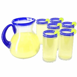 Hand Blown Blue Mexican Drinking Glasses And Pitcher – Set Of 6 With Mexican Blue Rim Design (14 Oz Each) And Pitcher (84 Ounces) Mexico Cobalt Blue Carafe Designs Margarita And Lemonade