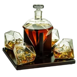 The Wine Savant Diamond Whiskey And Wine Decanter, Great Gift! 750ml With 4 Diamond Glasses And Beautiful Mahogany Wooden Holder Liquor, Scotch, Rum, Bourbon, Vodka, Tequila Decanter