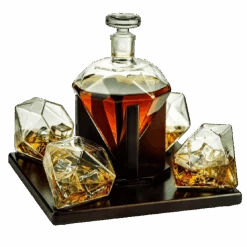 (CANADA ONLY) The Wine Savant Diamond Whiskey And Wine Decanter, Great Gift! 750ml With 4 Diamond Glasses And Beautiful Mahogany Wooden Holder Liquor, Scotch, Rum, Bourbon, Vodka, Tequila Decanter, Gifts For Dad
