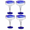 Mexican Hand Blown Glass – Set Of 4 Large 16oz, Cobalt Blue Rim Line, Luxury Margarita & Cocktail Glasses, Mexico Design Large 16oz Cobalt Cinco De Mayo - The Wine Savant, Dishwasher Safe Glassware