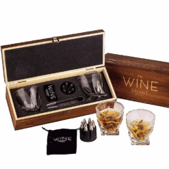 Whiskey Stones Gift Set For Men, By The Wine Savant, 6 Stainless Steel Whiskey Stones, 2 Twisted Glasses, Freezer Pouch & Special Tongs In Pinewood Box