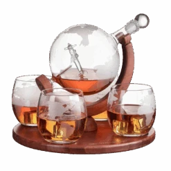 (CANADA ONLY) Etched World Decanter Whiskey Globe With Antique Airplane Inside - Includes Whiskey Stones And 4 World Map Glasses