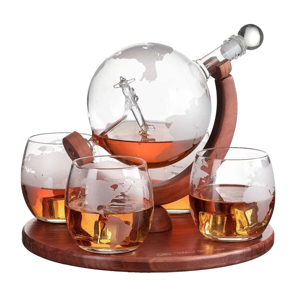 (CANADA ONLY) Etched World Decanter Whiskey Globe With Antique Airplane Inside - Includes Whiskey Stones And 4 World Map Glasses 1 (CANADA ONLY) Etched World Decanter Whiskey Globe With Antique Airplane Inside - Includes Whiskey Stones And 4 World Map Glasses