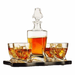 The Wine Savant Italian Crafted Crystal 5 Piece European Style Wine & Whiskey Decanter 855ml With 4 Glasses & Wood Sophisticated Tray Set Spirits, Scotch, & Bourbon Whiskey Decanter Sets For Men