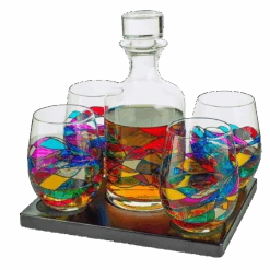Artisanal Hand Painted Glassware Gift For Mom, Wife, Friend - Artisanal Barcelona Hand Painted Whiskey & Wine Decanter Set, Rennesance Romantic Stain-glassed Windows Glasses - Mothers Day