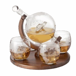 (CANADA ONLY) Etched World Decanter Car Whiskey Globe With 4 World Map Glasses