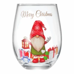 Stemless Christmas Gnome Wine Glass - SINGLE Red Green Cheer For Holiday Gift And Winter Season - 17 Oz Stemless Decorated Ornament Wine Tumblers For Holiday Season And Winter By GUTE - 4.7" H