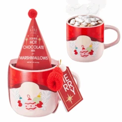 Mug With Hot Cocoa Mix & Marshmallows - Delicious Double Hot Chocolate Mix Filled With Marshmallow - Kids Fun Gift Holiday Santa Elves Christmas, Ceramic Childrens Eggnog Festive Gifts, Red Elf Mug