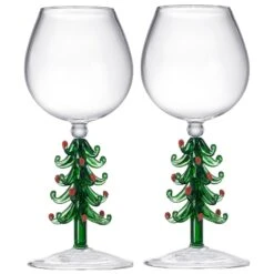 Crystal Green Christmas Tree Wine Glasses - Set Of 2, 10oz Goblets For Holiday Parties And New Year's