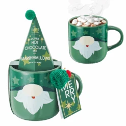 Mug With Hot Cocoa Mix & Marshmallows - Delicious Double Hot Chocolate Mix Filled With Marshmallow - Kids Fun Gift Holiday Santa Elves Christmas, Ceramic Childrens Eggnog Festive Gifts, Green Elf Mug