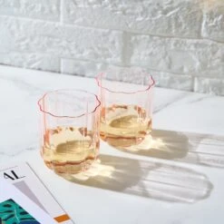 Flower Vintage Glass Stemless Highball - Set Of 2-13 Oz Colorful Cocktail, Wine, Water, Martini Glasses, Prosecco, Mimosa, Glasses Set, Bar Glassware Luster Glasses 4" X 3" (Pink) -Refined Spirits Store Wave Highball glass set of 2 pink 2