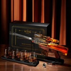 Gifts For Men Dad, Whiskey Decanter Set - Sniper Scope Glass Gun AR Limited Edition, Silencer Stopper - 22oz & 4, 5oz Bullet Glasses - Birthday Gift - Drinking Party, Liquor, Vodka -Refined Spirits Store WhiskeyDecanterwithfourglasses1 1