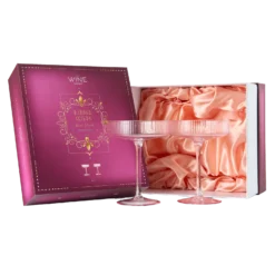 The Wine Savant Ribbed Coupe Cocktail Glasses 8 Oz | Set Of 2 | Classic Manhattan Glasses For Cocktails, Champagne Coupe, Ripple Coupe Glasses, Art Deco Gatsby Vintage, Crystal With Stems (Rose Pink)