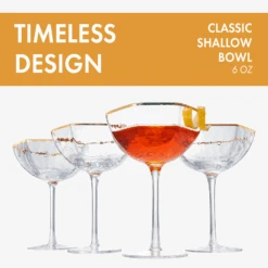 Vintage Crystal Champagne Coupe Gold Rim Hexagonal Angled Glasses | Set Of 4 | 6 Oz, Art Deco Rim Classic Cocktail Glassware - Martini, Cosmopolitan, Sidecar, Daiquiri | 1920s Style Saucer Goblets -Refined Spirits Store angledcoupeinfo2 1