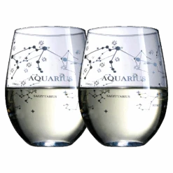 Set Of 2 Zodiac Sign Wine Glasses With 2 Wooden Coasters By The Wine Savant - Astrology Drinking Glass Set With Etched Constellation Tumblers For Juice, Water Home Bar Horoscope Gifts 18oz (Aquarius)