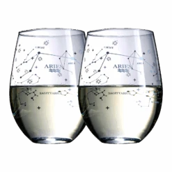 Set Of 2 Zodiac Sign Wine Glasses With 2 Wooden Coasters By The Wine Savant - Astrology Drinking Glass Set With Etched Constellation Tumblers For Juice, Water Home Bar Horoscope Gifts 18oz (Aries)