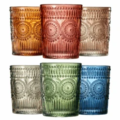 Colored Vintage Drinking Glasses Set | Set Of 6 | Tumbler Hobnail 10 OZ Muted Bubble Design Whiskey Glassware, Old-Fashioned, Embossed Design Glass For Water, Wine, Cocktail HAND WASH ONLY