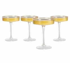 Ribbed Coupe Cocktail Glasses With Gold Rim 8 Oz | Set Of 4 | Classic Manhattan Glasses For Cocktails, Champagne Coupe, Ripple Coupe Glasses, Art Deco Gatsby Vintage, Crystal With Stems -Refined Spirits Store bxc