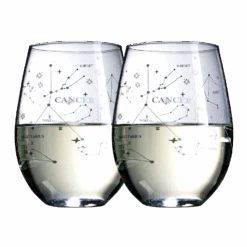 Set Of 2 Zodiac Sign Wine Glasses With 2 Wooden Coasters By The Wine Savant - Astrology Drinking Glass Set With Etched Constellation Tumblers For Juice, Water Home Bar Horoscope Gifts 18oz (Cancer)