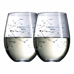 Set Of 2 Zodiac Sign Wine Glasses With 2 Wooden Coasters By The Wine Savant - Astrology Drinking Glass Set With Etched Constellation Tumblers For Juice, Water Home Bar Horoscope Gifts 18oz (Capricorn)