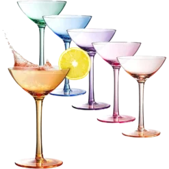 Colored Coupe Glasses Set Of 6 | 12 Oz Classic Cocktail Glassware For Champagne, Martini, Manhattan, Cosmopolitan, Sidecar, Crystal Speakeasy Style Goblets Stems, Elegantly Vintage Color