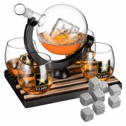Army Globe Whiskey Decanter Set & 4 Liquor Glasses - Whisky Decanter & Glass Set With Wood Base And 9 Whiskey Stone - Father's Day US Army Licensed Gifts For Men - Bourbon Scotch Military Veteran Gift