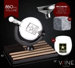 Army Globe Whiskey Decanter Set & 4 Liquor Glasses - Whisky Decanter & Glass Set With Wood Base And 9 Whiskey Stone - Father's Day US Army Licensed Gifts For Men - Bourbon Scotch Military Veteran Gift -Refined Spirits Store cin3