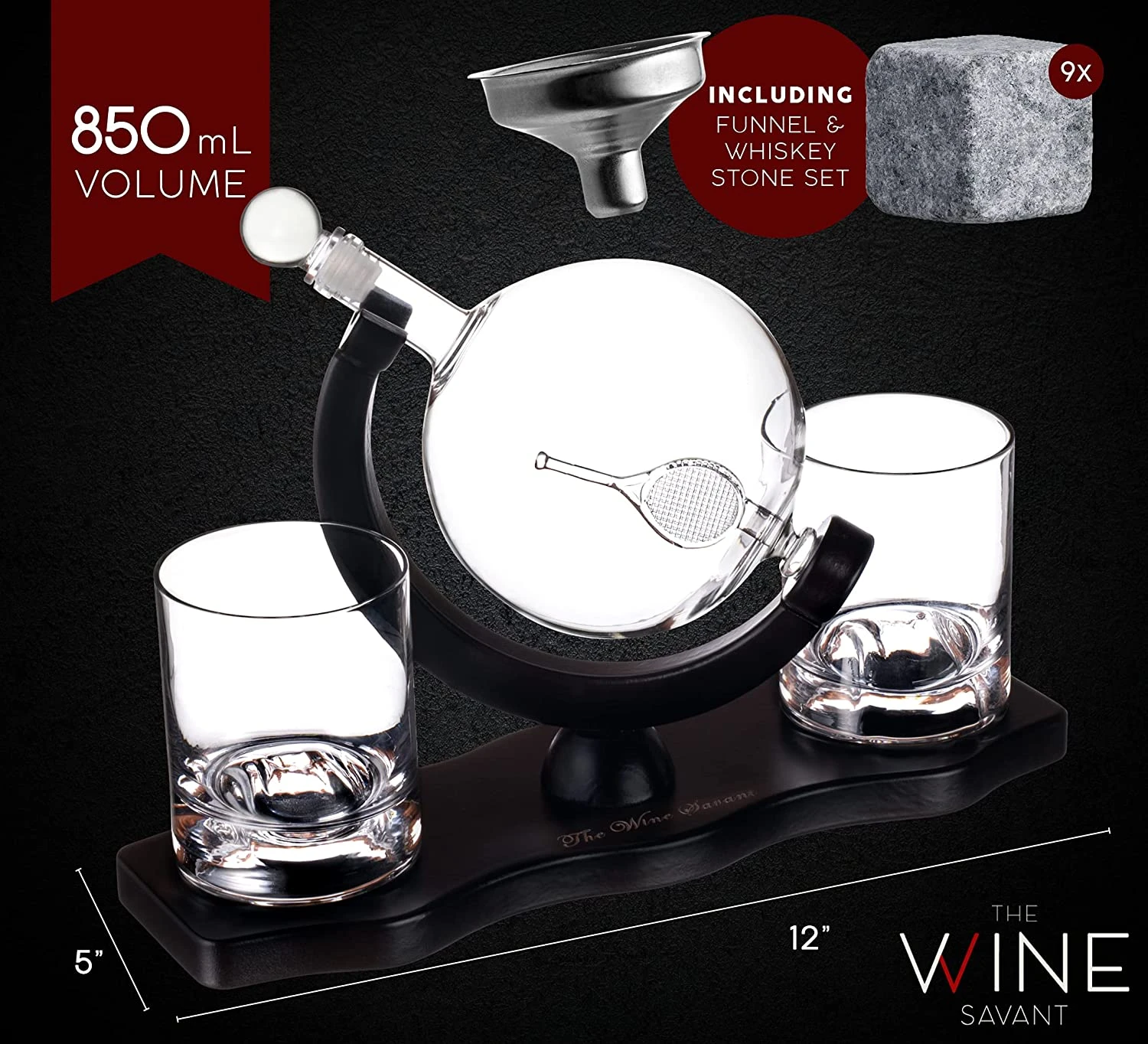 Globe Whiskey Decanter Set With 2 Liquor Glasses - Tennis Whisky Decanter & Glass Set With Elegant Mahogany Wood Base - Tennis Gifts For Dad, Men - Bourbon & Scotch Decanter - Tennis Lovers Gifts 3 Globe Whiskey Decanter Set With 2 Liquor Glasses - Tennis Whisky Decanter & Glass Set With Elegant Mahogany Wood Base - Tennis Gifts For Dad, Men - Bourbon & Scotch Decanter - Tennis Lovers Gifts - Image 3