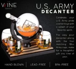 Army Globe Whiskey Decanter Set & 4 Liquor Glasses - Whisky Decanter & Glass Set With Wood Base And 9 Whiskey Stone - Father's Day US Army Licensed Gifts For Men - Bourbon Scotch Military Veteran Gift -Refined Spirits Store cin4